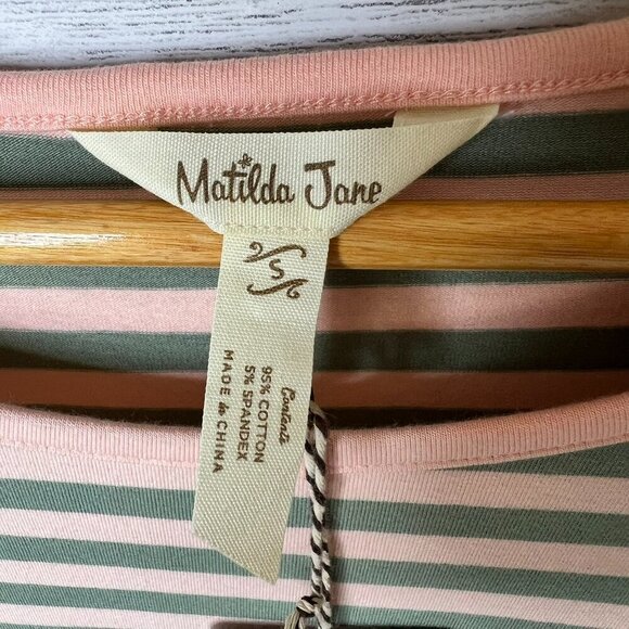 Matilda Jane Top Womens Size Small Pink & Olive Green Striped Blouse Stretch - Picture 2 of 16